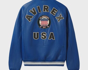 Men's Blue Avirex Real Leather Bomber Jacket American Flight Leather Jacket