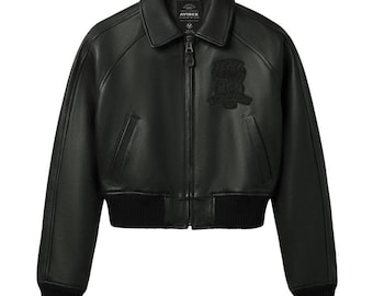 Jaqueta bomber feminina cropped preta Avirex em couro – Couro bovino macio, modelagem feminina