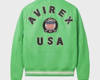 Avirex Green Leather Varsity Bomber Jacket, Embroidered USA Streetwear Classic