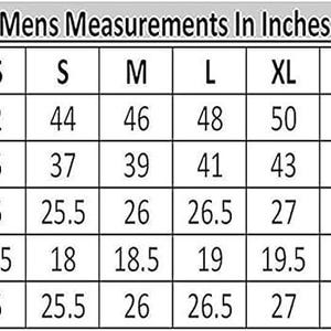 May include: A chart titled "Mens Measurements In Inches" displays chest, waist, sleeves, shoulders, and length measurements for various sizes, from XXS to 5XL. Measurements are provided in inches.
