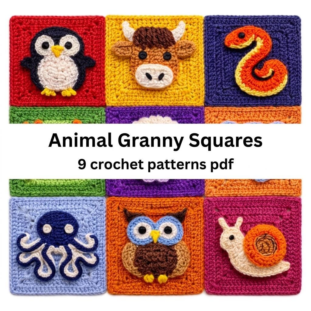 Crochet PATTERNS Animal Granny Squares | 9 Adorable Animal Designs ...