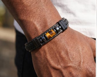 Bracelet en pierre naturelle, bracelet oeil de tigre, cadeau d'anniversaire, bracelet à fermoir magnétique, bracelet pour homme, cadeau personnalisé