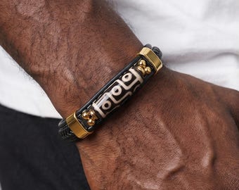 Bracelet de perles dzi tibétaines fait main, cadeau d'anniversaire, bracelet en agate, bracelet à fermoir magnétique, bracelet pour homme, cadeau personnalisé