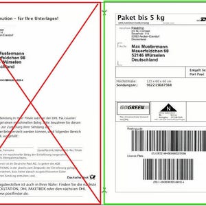 Könnte beinhalten: Ein DHL-Paketschein mit Absender- und Empfängerinformationen. Das Etikett enthält einen Barcode, das GoGreen-Logo und die Maße 123 x 60 x 60 cm.