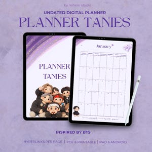 Może przedstawiać: Dwa tablety cyfrowe wyświetlające cyfrowy planer. Jeden tablet pokazuje okładkę z tekstem "PLANNER TANIES" i postaciami z kreskówek. Drugi wyświetla stronę kalendarza na styczeń. Pióro leży z boku. Tło jest fioletowe.