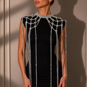 May include: A black sleeveless dress with a sparkling, ornate shoulder piece. The shoulder piece features a web-like design with dangling strands of shimmering embellishments. The dress is form-fitting and elegant.