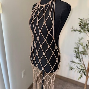 Handmade Champagne Rhinestone Macrame Dress, Open Back Festival Outfit