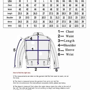 May include: A size chart titled "Gents Size Chart" with measurements in inches for chest, waist, length, shoulder, sleeve, and wrist. A diagram of a jacket illustrates measurement points. Instructions on how to find the right size are included.