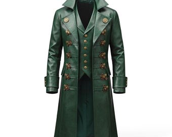 Vintage Green Leather Steampunk Coat | Men's Pirate Trench