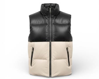 Men's Two-Tone Leather Puffer Vest – Sleeveless Winter Gilet