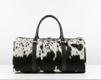 Hair-On Hide Leather Duffle Bag – Black & White Cowhide Weekender