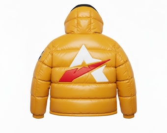 Luxury Yellow Leather Puffer Jacket for Men – Avirex Style Hooded Bubble Coat