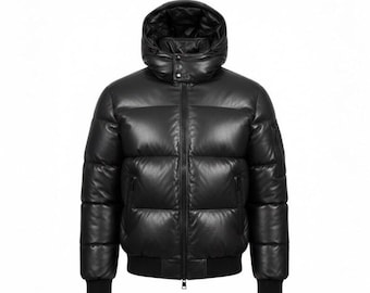 Men’s Genuine Black Leather Hooded Puffer Jacket | Quilted Winter Bomber Coat