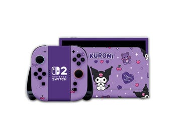 Vinilo morado Kuromi para Nintendo Switch 2 – Pegatina kawaii gótica para consola – Pegatina para Joy-Con y base – Protección antiarañazos – Regalo para gamers
