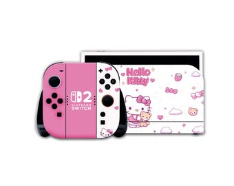 Funda rosa de Hello Kitty para Nintendo Switch 2 – Pegatina kawaii para consola – Pegatina para Joy-Con y base – Protección antiarañazos – Regalo para gamers