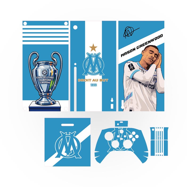 Może przedstawiać: Zestaw niebiesko-białych grafik o tematyce piłkarskiej. Zawiera trofeum, ilustrację zawodnika i logo drużyny. Zawiera r&oacute;wnież sk&oacute;rkę kontrolera i torbę na zakupy.