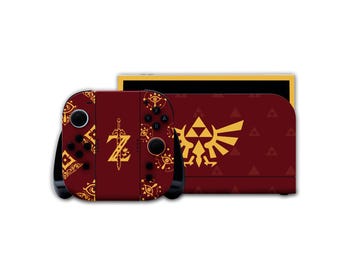 Skórka Zelda Nintendo Switch w kolorze czerwonym – Owijka na konsolę Triforce Power Edition – Dark Gaming Dock i skórka Joy-Con – Prezent dla fana Zeldy