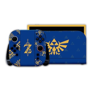 Zelda Nintendo Switch Skin Blue – Triforce BOTW Inspired Console Wrap – Sheikah Style Dock & Joy-Con Skin