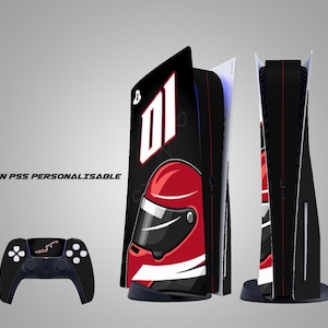 May include: A black PlayStation 5 console skin with a red racing helmet design and the number 01 in white. The controller is black with a red racing track graphic. The text "SKIN PS5 PERSONNALISABLE" is visible.