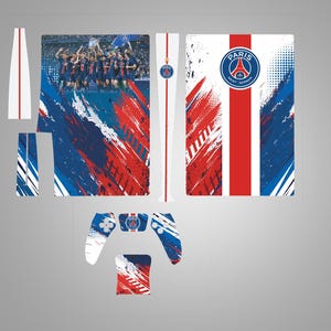 May include: A set of gaming console skins featuring a design with red, white, and blue brushstrokes. The design includes the Paris Saint-Germain logo and images of a team celebrating. The set includes skins for the console, controller, and other accessories.
