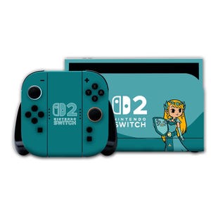 Puede incluir: Consola Nintendo Switch de color turquesa con Joy-Cons a juego. La consola presenta el texto "Nintendo Switch" y un gráfico de un personaje rubio con un escudo. Los Joy-Cons tienen botones negros.
