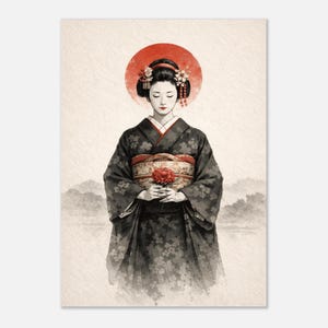 Könnte beinhalten: Illustration einer Geisha in einem traditionellen Kimono, die eine rote Blume hält. Ein roter, sonnenähnlicher Heiligenschein befindet sich hinter ihrem Kopf. Der schwarze Kimono ist mit floralen Mustern versehen, vor einem weichen, neutralen Hintergrund.