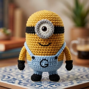 Könnte beinhalten: Eine handgefertigte gehäkelte Minion-Figur in Gelb, Schwarz, Grau und Blau. Der Minion hat ein Auge, schwarze Handschuhe, schwarze Schuhe und eine blaue Latzhose mit dem Buchstaben "G" auf der Vorderseite. Die Häkelfigur steht auf einer blau-weißen Fliese.
