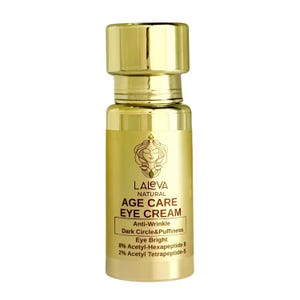 May include: A gold-colored eye cream bottle with a matching cap. The label reads "LALEVA NATURAL AGE CARE EYE CREAM" with text indicating anti-wrinkle, dark circle, and puffiness reduction. The bottle contains 8% Acetyl-Hexapeptide 8 and 2% Acetyl Tetrapeptide-5.