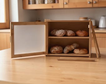 Handmade Wooden Bread Box Natural Wood Bread Storage with Tongs Farmhouse Kitchen Counter Organizer Housewarming Gift