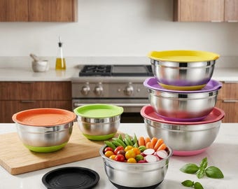 Stainless Steel Mixing Bowl Set with Lid Non Slip Base Salad Bowl Baking Egg Mixing Kitchen Prep Bowls Food Storage Container Set