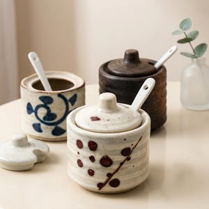 May include: A collection of ceramic spice jars with lids and small spoons. The jars are in various colors, including white with red spots, brown, and a blue and white patterned jar. A small vase with greenery is in the background.