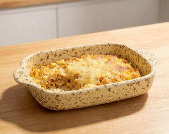 Yellow Speckled Ceramic Baking Dish Double Handle Oven Safe Bakeware Rustic Casserole Pan Gift for Home Cook