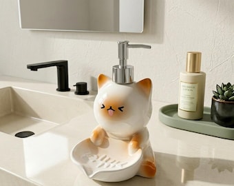 Cat Ceramic Soap Dispenser Refillable Lotion Bottle Cute Bathroom Decor Cat Lover Gift Vanity Counter Accessory