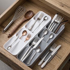Puede incluir: Un organizador de cajones de madera lleno de cubiertos, que incluye tenedores, cucharas y cuchillos. Tambi&eacute;n se ven un batidor de acero inoxidable y una cuchara de madera. La cuberter&iacute;a est&aacute; dispuesta en compartimentos blancos y grises.