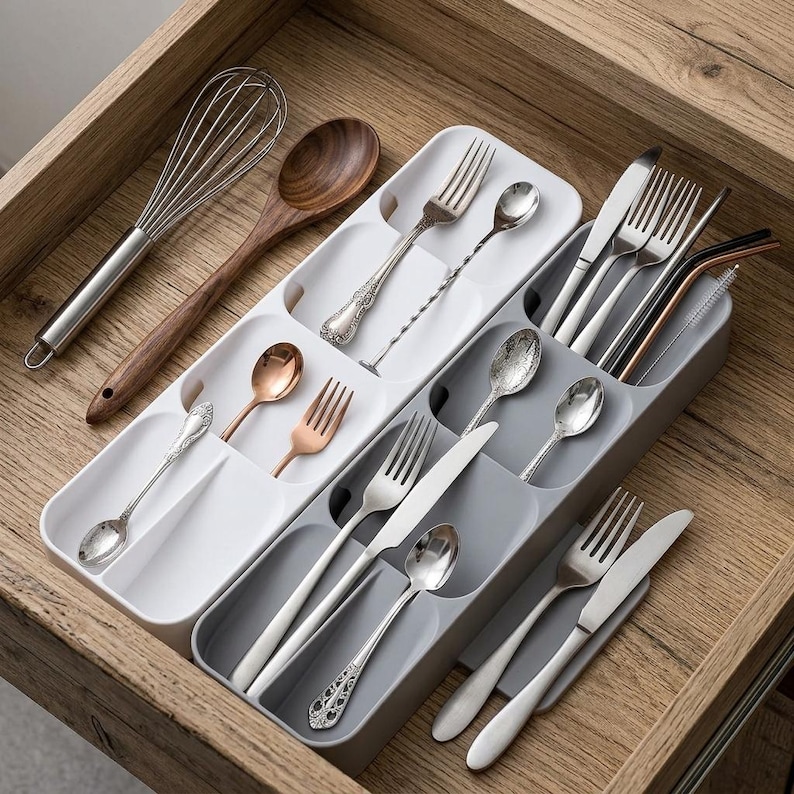 Puede incluir: Un organizador de cajones de madera lleno de cubiertos, que incluye tenedores, cucharas y cuchillos. Tambi&eacute;n se ven un batidor de acero inoxidable y una cuchara de madera. La cuberter&iacute;a est&aacute; dispuesta en compartimentos blancos y grises.