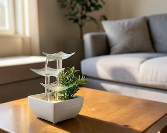 White Ceramic Tabletop Fountain Indoor Water Feature Glass Leaf Zen Desk Fountain Home Decor