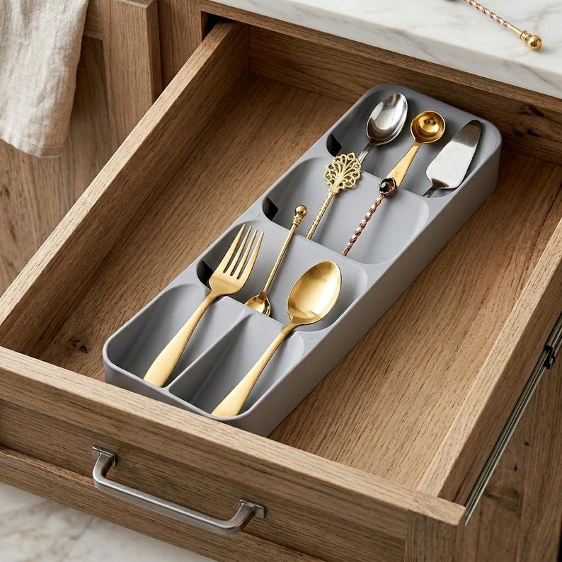 Puede incluir: Un organizador de utensilios de pl&aacute;stico gris lleno de tenedores, cucharas y un cuchillo de mantequilla dorados. El organizador est&aacute; dentro de un caj&oacute;n de madera abierto. Los utensilios tienen mangos decorativos. Organizaci&oacute;n de cocina.