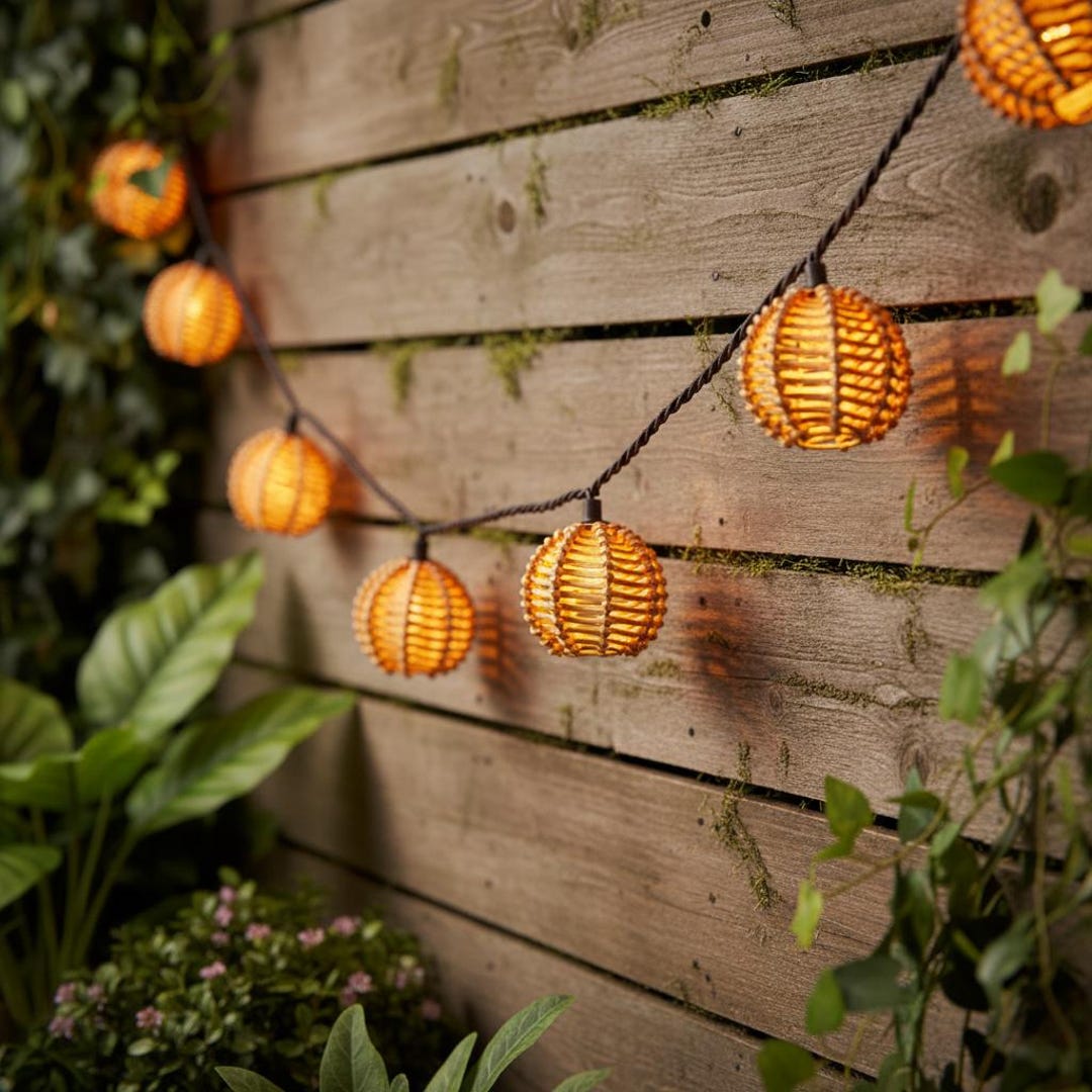 String Light Wicker Solar Rattan String Lights Outdoor Waterproof LED Hanging Lights Brown ...