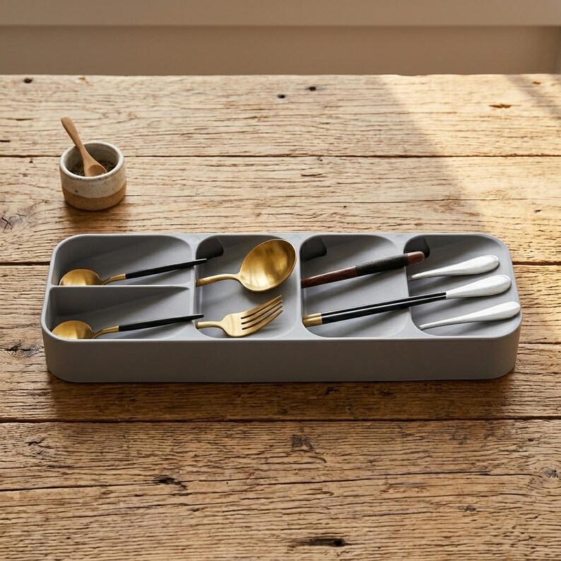 Puede incluir: Un organizador de cubiertos de pl&aacute;stico gris con m&uacute;ltiples compartimentos, que contiene varios utensilios dorados y negros. Los utensilios incluyen cucharas, tenedores y cucharas de servir. Tambi&eacute;n hay una peque&ntilde;a taza de cer&aacute;mica con una cuchara de madera.