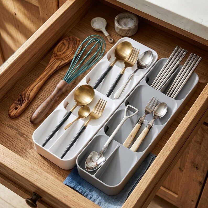 Puede incluir: Un caj&oacute;n de madera lleno de utensilios de cocina y organizadores. Incluye una cuchara de madera, un batidor verde, cucharas, tenedores y palillos dorados y plateados. El caj&oacute;n tambi&eacute;n contiene organizadores de pl&aacute;stico grises y blancos.