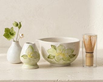 Hand Painted Ceramic Matcha Bowl Set Floral Chawan Tea Ceremony Set Bamboo Whisk Kit Japanese Tea Gift Spring Kitchen
