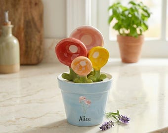 Juego de cucharas medidoras de cerámica con forma de flor. Bonitos utensilios de cocina con diseño floral. Juego de cucharas para hornear. Regalo ideal para Pascua y primavera. Decoración de cocina.