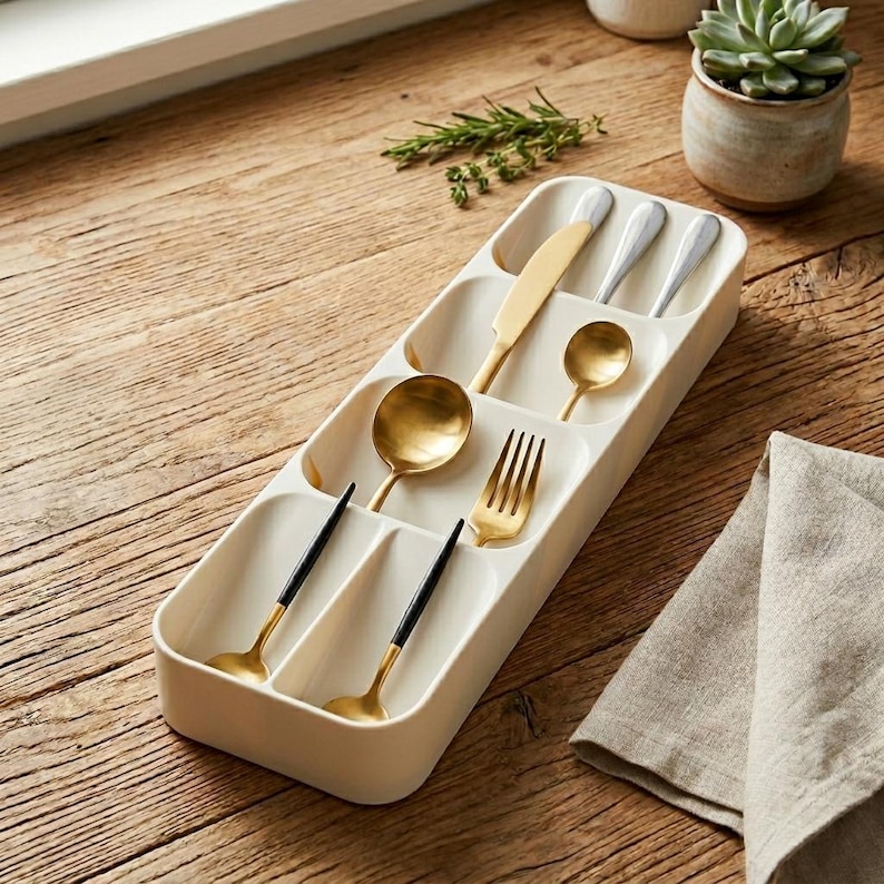 Puede incluir: Un organizador de cubiertos de color crema lleno de cucharas, tenedores y cuchillos con mango dorado y negro. Los utensilios est&aacute;n dispuestos en compartimentos separados. Se ven una cuchara y un tenedor dorados, junto con un cuchillo dorado y una cuchara peque&ntilde;a.