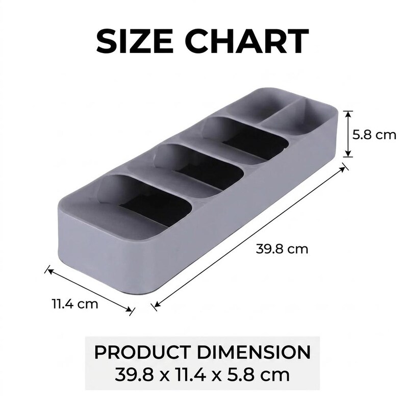 Puede incluir: Un organizador de cubiertos de pl&aacute;stico gris con cuatro compartimentos. Las dimensiones del producto son 39,8 x 11,4 x 5,8 cm. La imagen incluye el texto "SIZE CHART" y "PRODUCT DIMENSION".