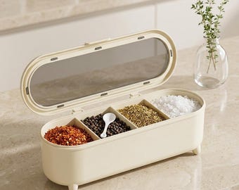 Kitchen Seasoning Box Multi Grid Spice Organizer with Spoon Salt MSG Storage Container Moisture Proof Home Cooking Tool