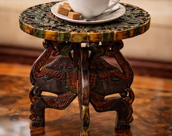 Hand Carved Mahogany Elephant Side Table – Boho Plant Stand