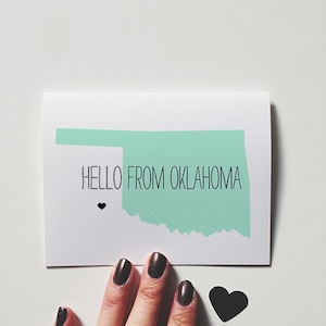 Staatskaart "Hallo uit Oklahoma" wenskaart. Denk aan je. Daarom. Hallo. Hoi. Hoi.