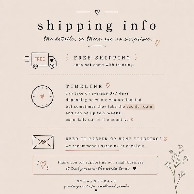 May include: A beige graphic with the text "shipping info" and details about shipping, including free shipping, timeline, and tracking options. The graphic includes illustrations of a truck, clock, and envelope.