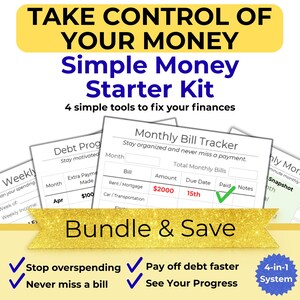 Op de afbeelding: Een Simple Money Starter Kit met vier tools om de financiën te verbeteren. De afbeelding toont een gouden banner met de tekst "Bundle & Save" en bevat een "Monthly Bill Tracker" en een "Debt Prog" formulier. De tekst luidt "Take Control of Your Money".