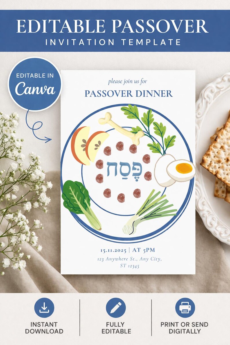 Editable Passover Invitation Template Canva | Seder Dinner Invite ...